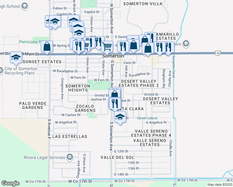 map of restaurants, bars, coffee shops, grocery stores, and more near 500 South Somerton Avenue in Somerton