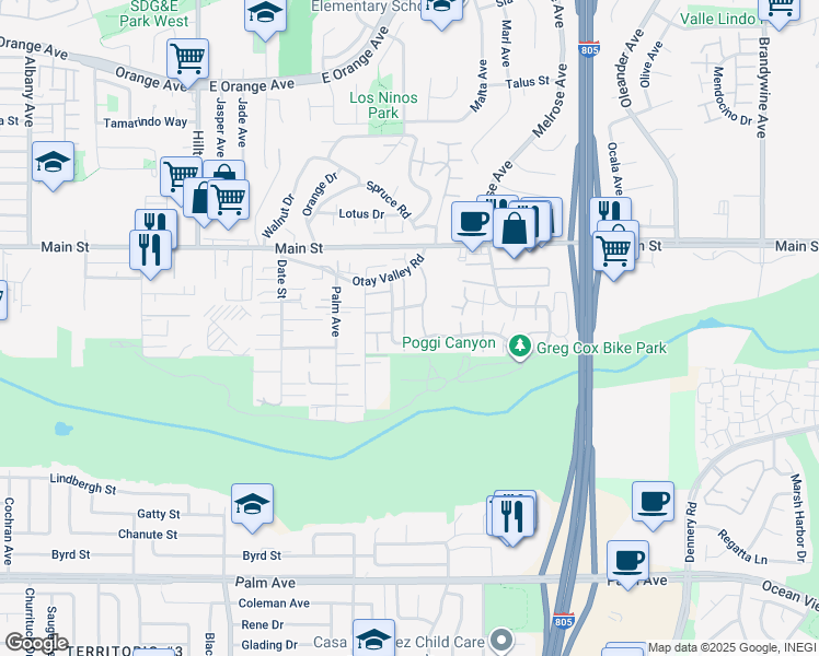 map of restaurants, bars, coffee shops, grocery stores, and more near 230 Regency Court in Chula Vista