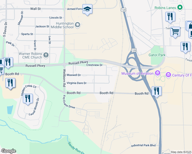 map of restaurants, bars, coffee shops, grocery stores, and more near 200 Maxwell Drive in Warner Robins