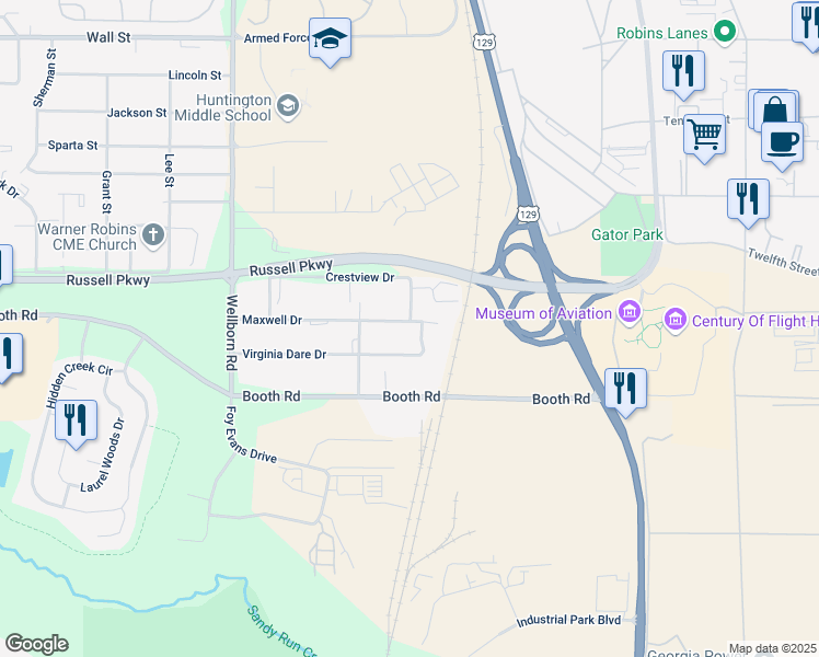 map of restaurants, bars, coffee shops, grocery stores, and more near 210 Maxwell Drive in Warner Robins
