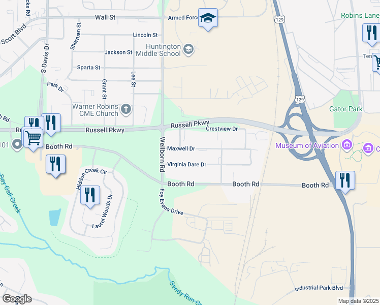 map of restaurants, bars, coffee shops, grocery stores, and more near 112 Maxwell Drive in Warner Robins