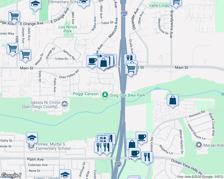 map of restaurants, bars, coffee shops, grocery stores, and more near 321 Rancho Drive in Chula Vista