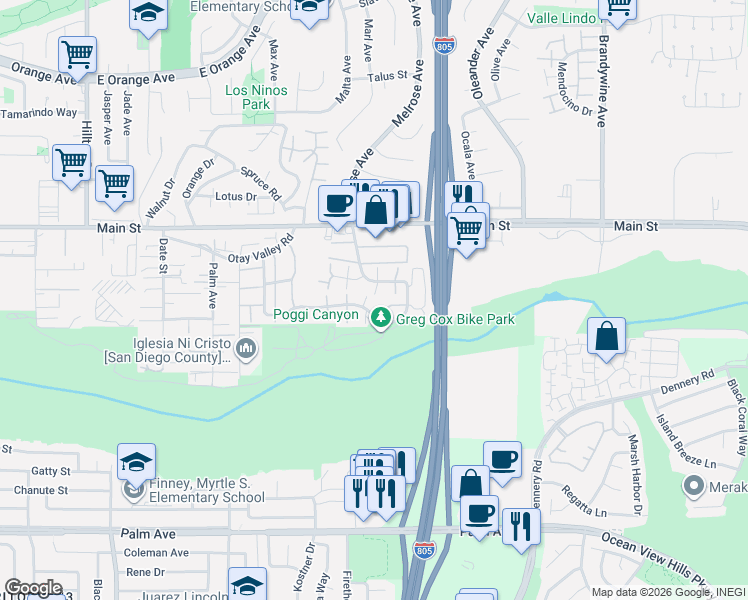 map of restaurants, bars, coffee shops, grocery stores, and more near 273 Rancho Drive in Chula Vista