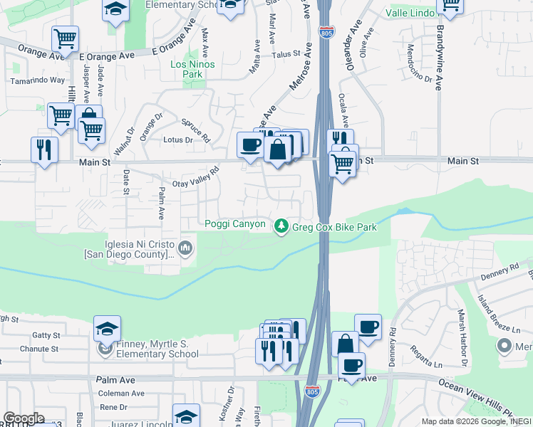 map of restaurants, bars, coffee shops, grocery stores, and more near 253 Rancho Drive in Chula Vista