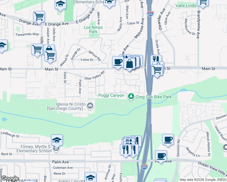 map of restaurants, bars, coffee shops, grocery stores, and more near 237 Rancho Drive in Chula Vista