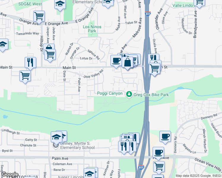 map of restaurants, bars, coffee shops, grocery stores, and more near 237 Rancho Drive in Chula Vista