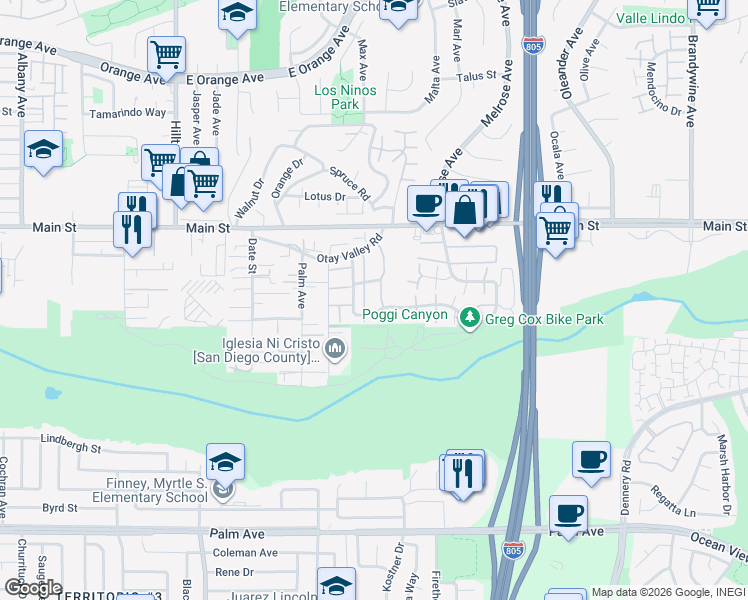 map of restaurants, bars, coffee shops, grocery stores, and more near 230 Regency Court in Chula Vista