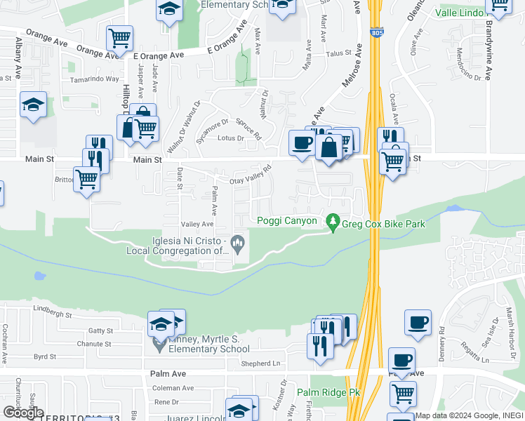 map of restaurants, bars, coffee shops, grocery stores, and more near 230 Regency Court in Chula Vista
