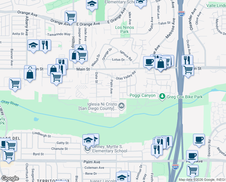 map of restaurants, bars, coffee shops, grocery stores, and more near 256 Palm Avenue in Chula Vista