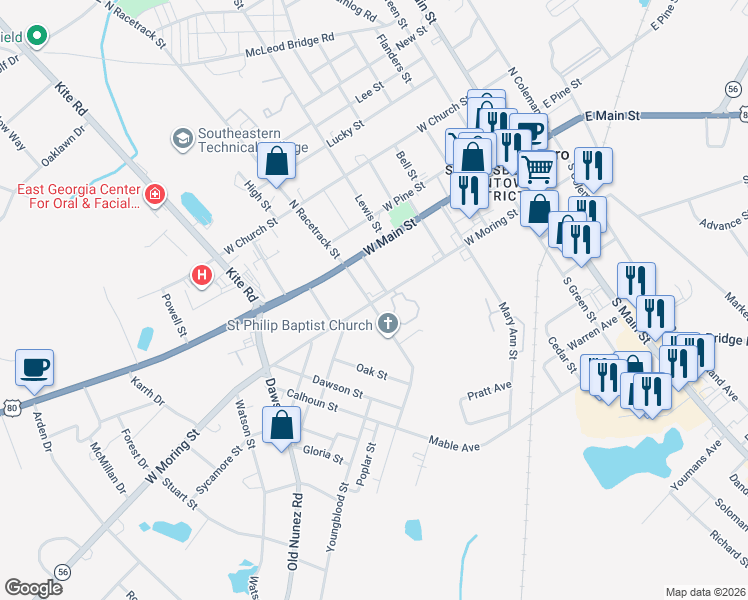 map of restaurants, bars, coffee shops, grocery stores, and more near 502 West Moring Street in Swainsboro