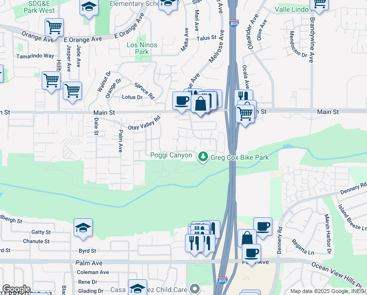 map of restaurants, bars, coffee shops, grocery stores, and more near 253 Rancho Drive in Chula Vista