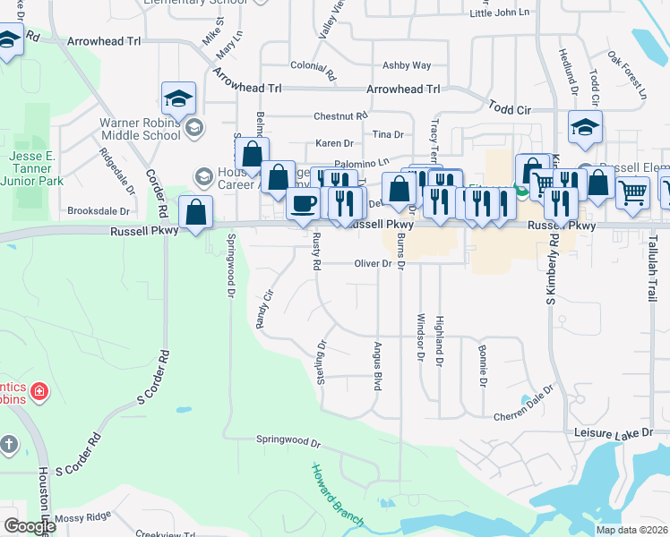 map of restaurants, bars, coffee shops, grocery stores, and more near 78 Oliver Drive in Warner Robins