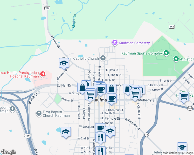 map of restaurants, bars, coffee shops, grocery stores, and more near 500 North Washington Street in Kaufman