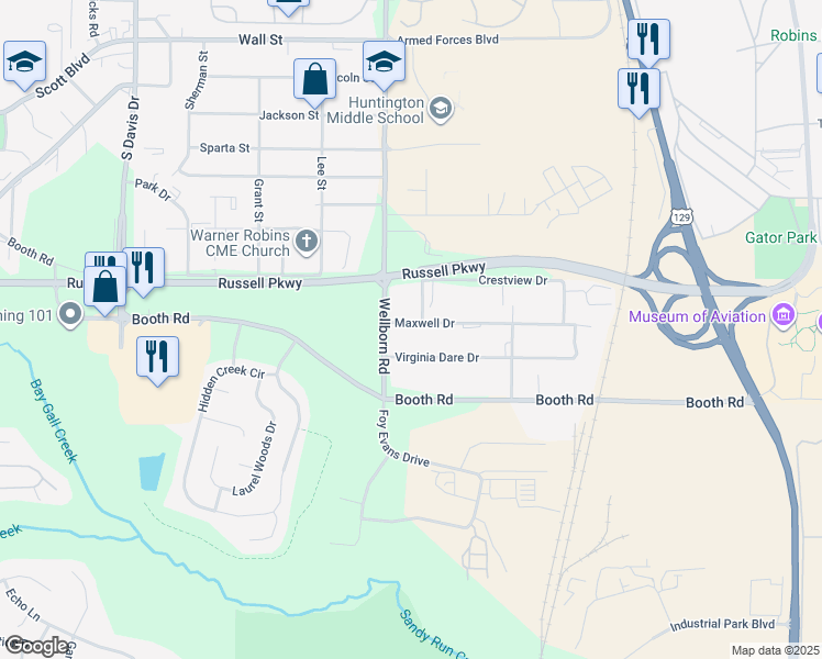 map of restaurants, bars, coffee shops, grocery stores, and more near 104 Maxwell Drive in Warner Robins