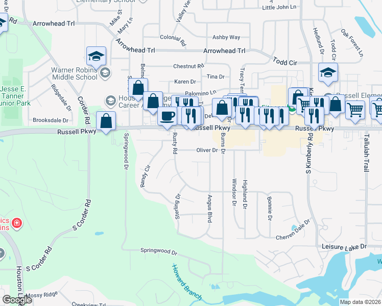 map of restaurants, bars, coffee shops, grocery stores, and more near 78 Oliver Drive in Warner Robins