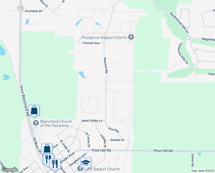 map of restaurants, bars, coffee shops, grocery stores, and more near 7941 Wasson Road in Shreveport
