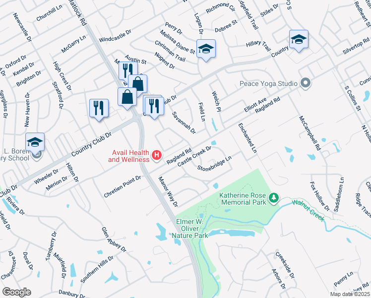 map of restaurants, bars, coffee shops, grocery stores, and more near 2213 Ragland Road in Mansfield