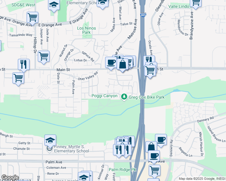 map of restaurants, bars, coffee shops, grocery stores, and more near 253 Rancho Drive in Chula Vista