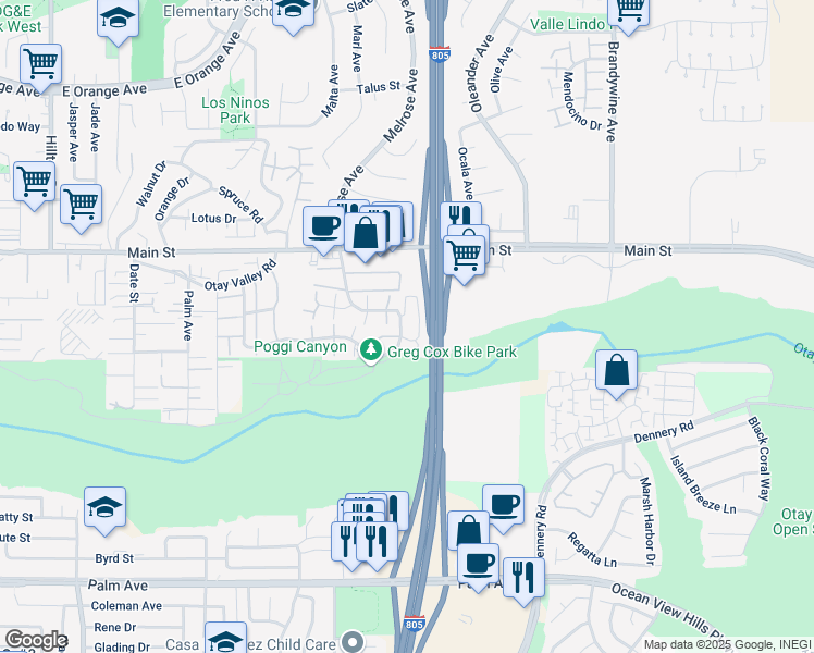 map of restaurants, bars, coffee shops, grocery stores, and more near 321 Rancho Drive in Chula Vista