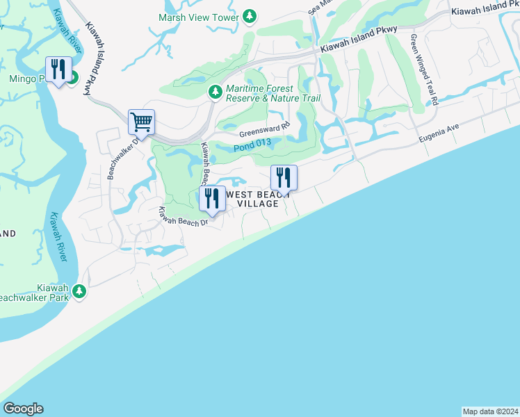 map of restaurants, bars, coffee shops, grocery stores, and more near 3530 Shipwatch Road in Kiawah Island