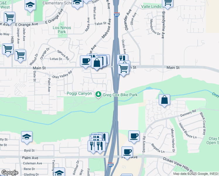 map of restaurants, bars, coffee shops, grocery stores, and more near 355 Rancho Drive in Chula Vista