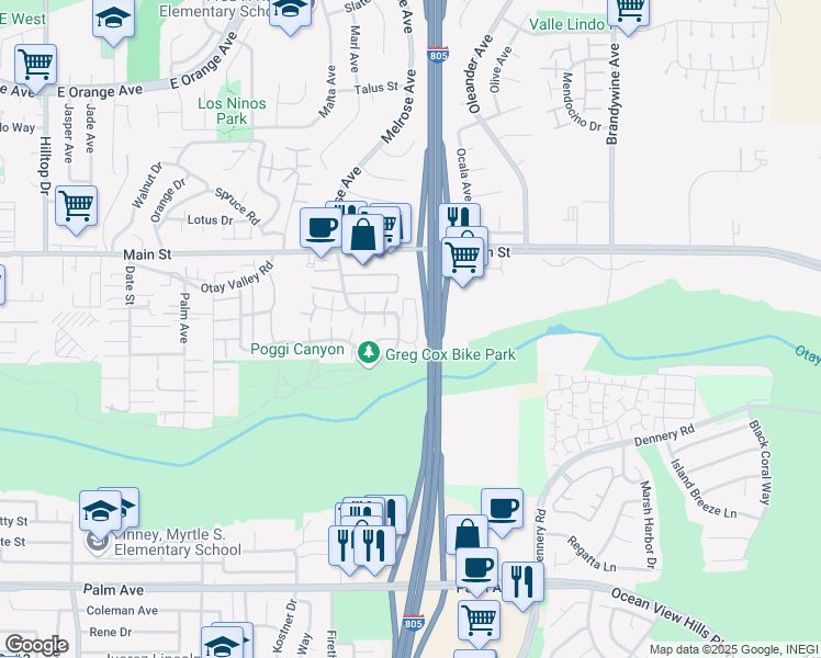 map of restaurants, bars, coffee shops, grocery stores, and more near 321 Rancho Drive in Chula Vista
