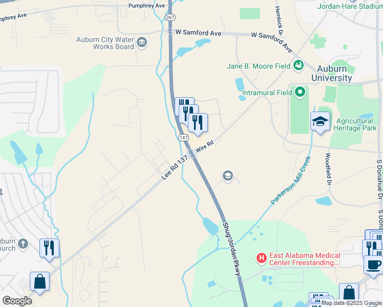 map of restaurants, bars, coffee shops, grocery stores, and more near Shug Jordan Pkwy & Wire Rd in Auburn