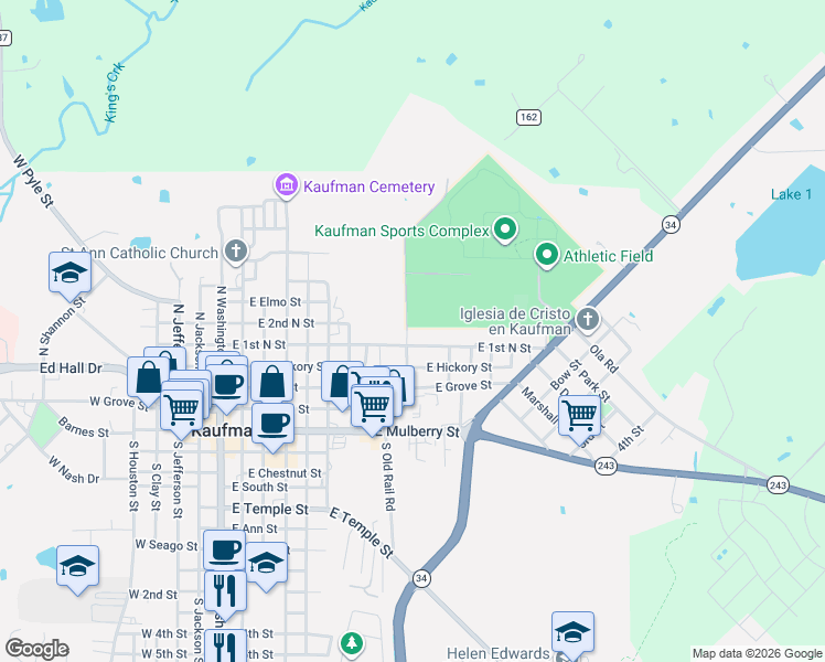 map of restaurants, bars, coffee shops, grocery stores, and more near 404 Alton Street in Kaufman