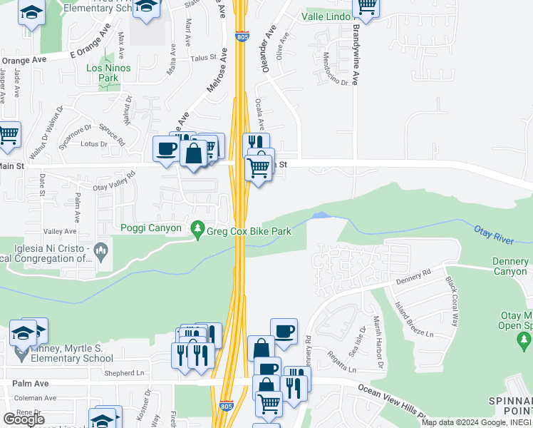 map of restaurants, bars, coffee shops, grocery stores, and more near 1870 Main Court in Chula Vista