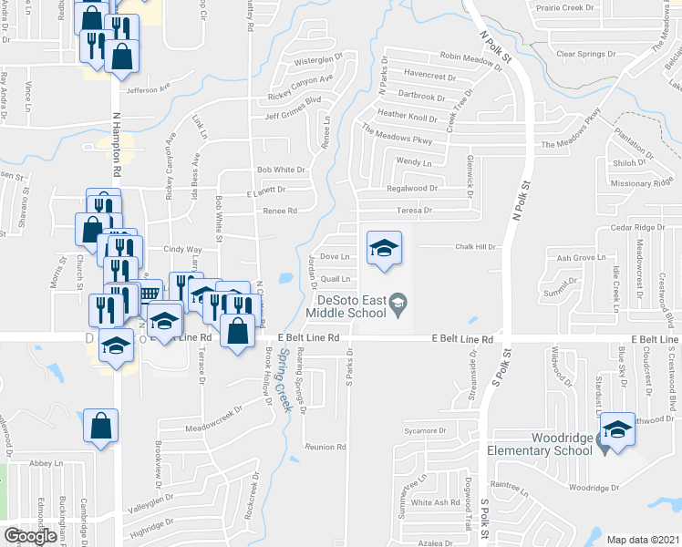 map of restaurants, bars, coffee shops, grocery stores, and more near 517 Quail Lane in DeSoto