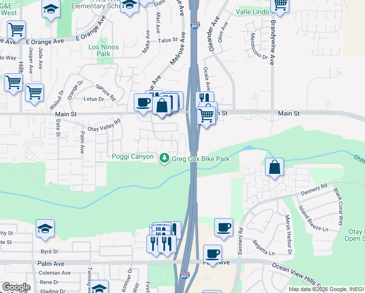 map of restaurants, bars, coffee shops, grocery stores, and more near 321 Rancho Drive in Chula Vista