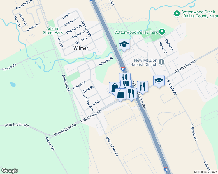 map of restaurants, bars, coffee shops, grocery stores, and more near 301 1st Street in Wilmer