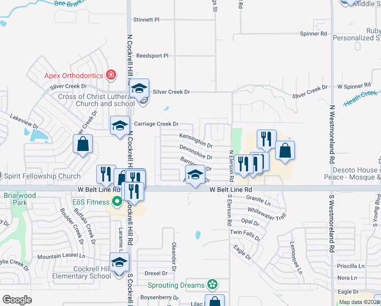 map of restaurants, bars, coffee shops, grocery stores, and more near 1217 Barrington Drive in DeSoto