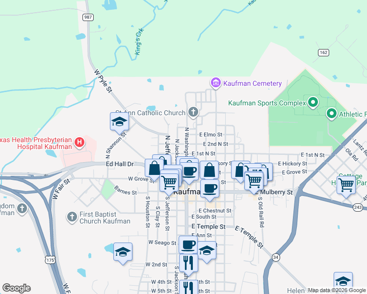 map of restaurants, bars, coffee shops, grocery stores, and more near 500 North Washington Street in Kaufman