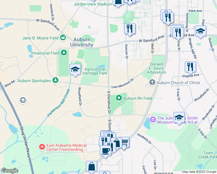 map of restaurants, bars, coffee shops, grocery stores, and more near South Donahue Drive in Auburn