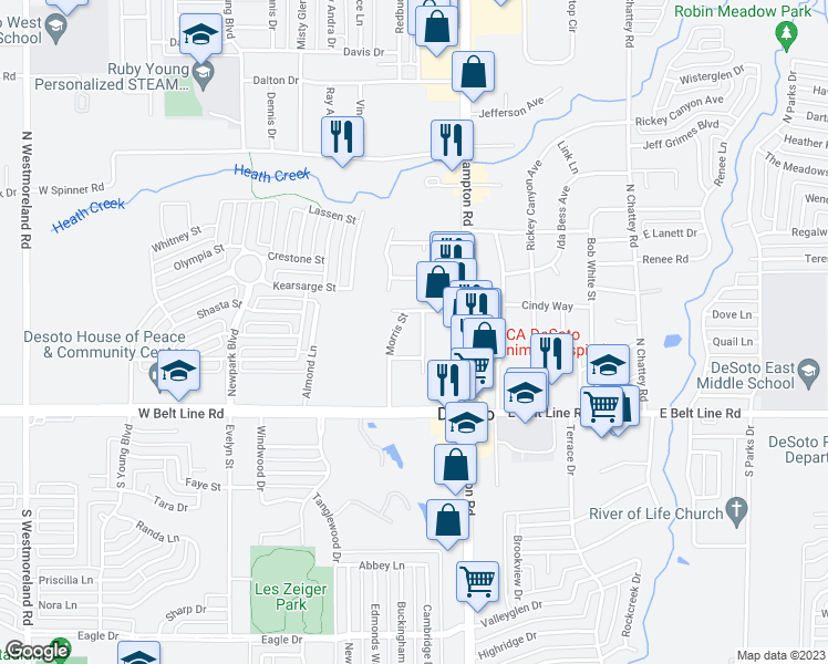 map of restaurants, bars, coffee shops, grocery stores, and more near 212 Morris Street in DeSoto