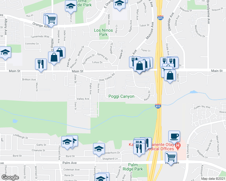 map of restaurants, bars, coffee shops, grocery stores, and more near 1749 Regency Way in Chula Vista