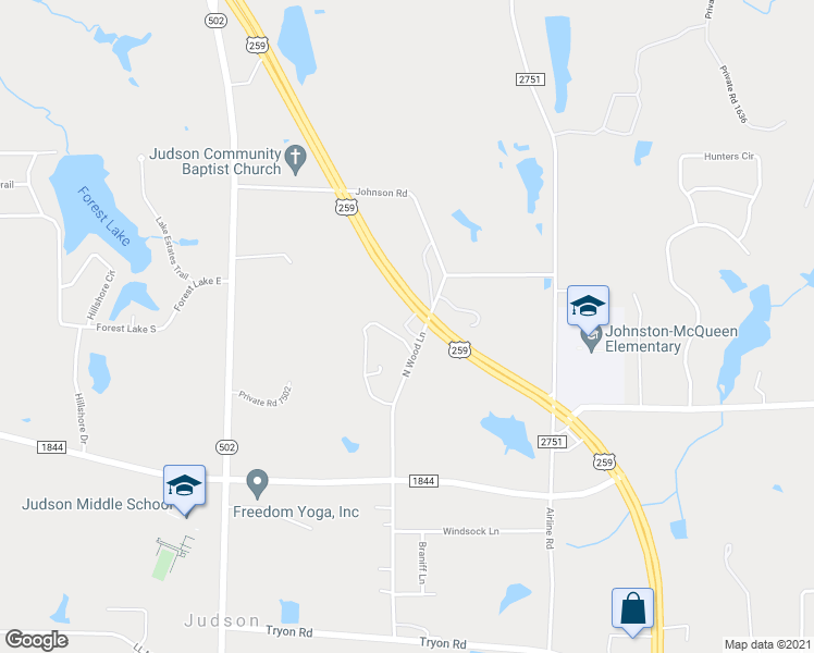 map of restaurants, bars, coffee shops, grocery stores, and more near 6055 U.S. 259 in Longview