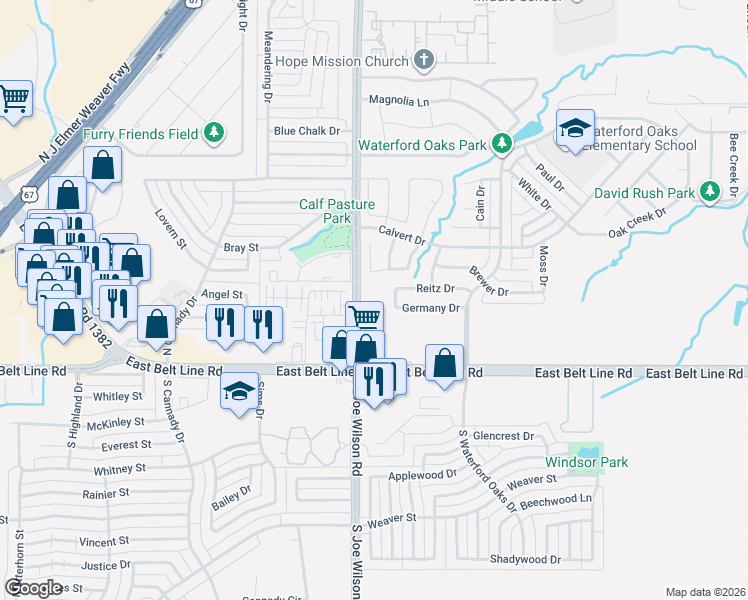 map of restaurants, bars, coffee shops, grocery stores, and more near 100 Marshall Drive in Cedar Hill