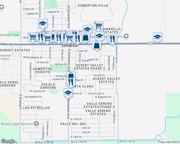 map of restaurants, bars, coffee shops, grocery stores, and more near Williams Avenue in Somerton