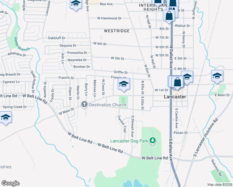 map of restaurants, bars, coffee shops, grocery stores, and more near 555 West Main Street in Lancaster