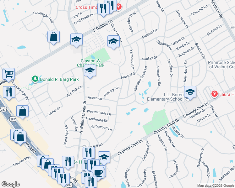 map of restaurants, bars, coffee shops, grocery stores, and more near 1503 Clover Hill Road in Mansfield