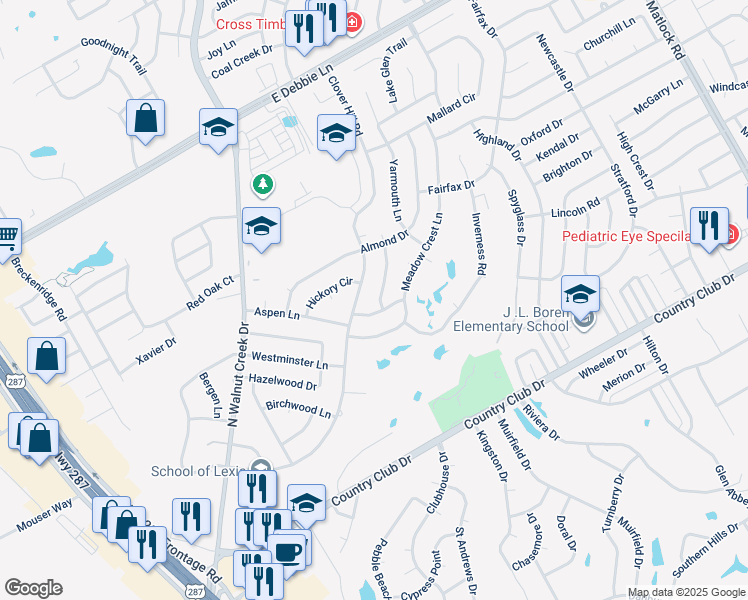 map of restaurants, bars, coffee shops, grocery stores, and more near 1511 Berkeley Drive in Mansfield
