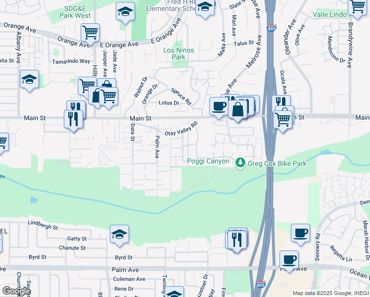 map of restaurants, bars, coffee shops, grocery stores, and more near 1745 Regency Way in Chula Vista