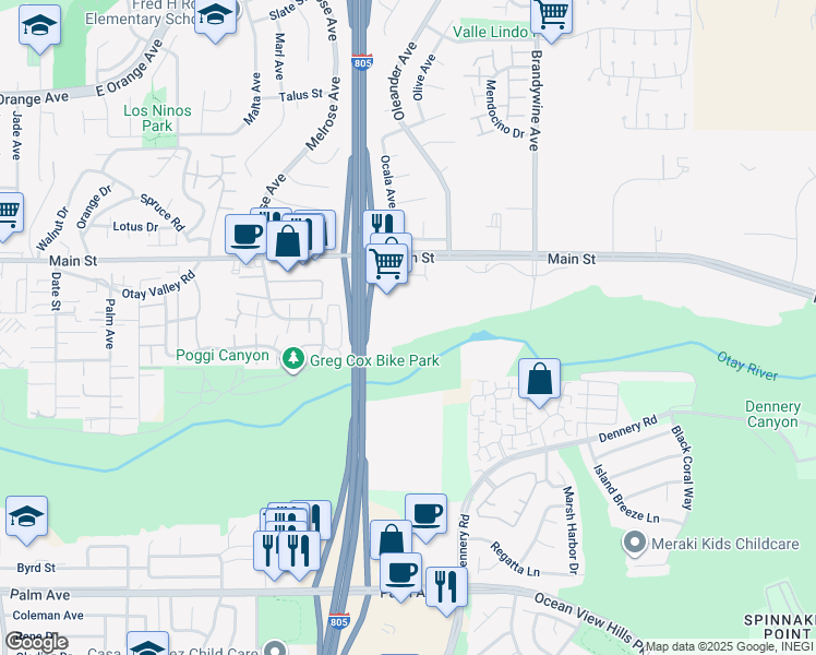 map of restaurants, bars, coffee shops, grocery stores, and more near 1870 Main Court in Chula Vista