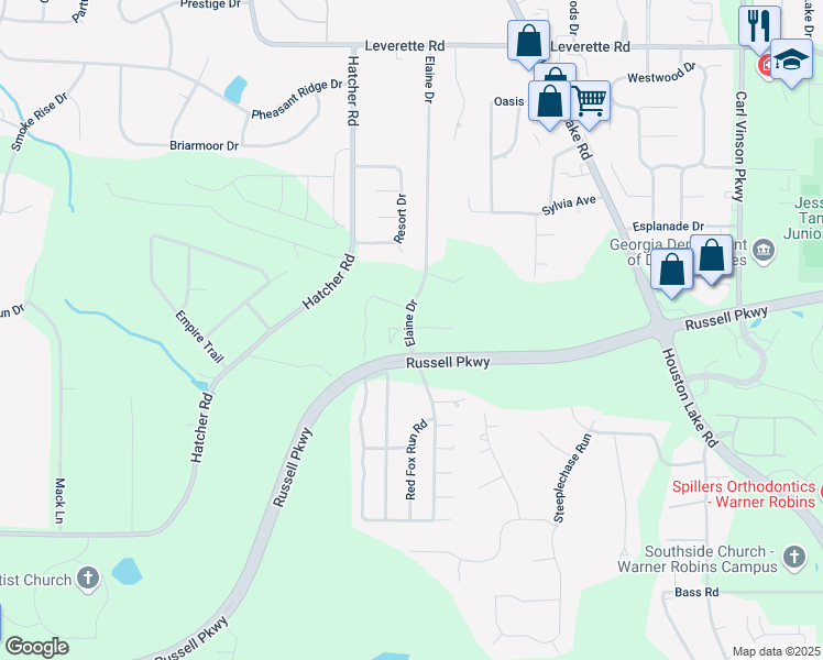 map of restaurants, bars, coffee shops, grocery stores, and more near Russell Parkway in Warner Robins