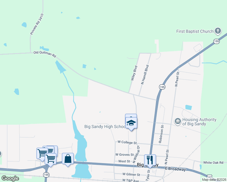 map of restaurants, bars, coffee shops, grocery stores, and more near 457 Farm to Market 2911 in Big Sandy