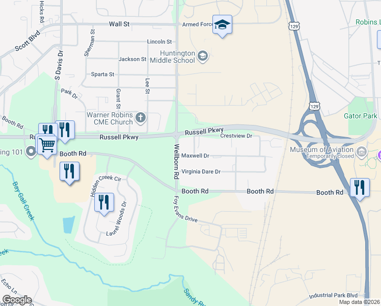 map of restaurants, bars, coffee shops, grocery stores, and more near 104 Maxwell Drive in Warner Robins