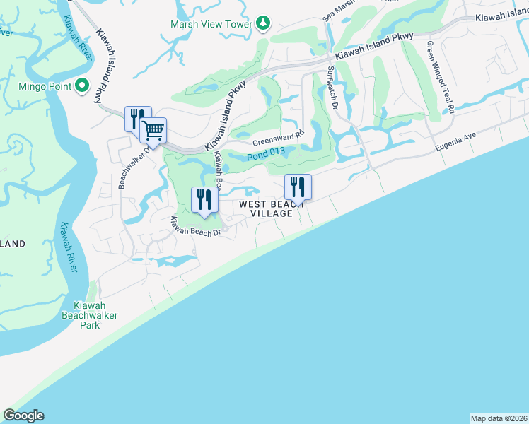 map of restaurants, bars, coffee shops, grocery stores, and more near 3530 Shipwatch Road in Kiawah Island