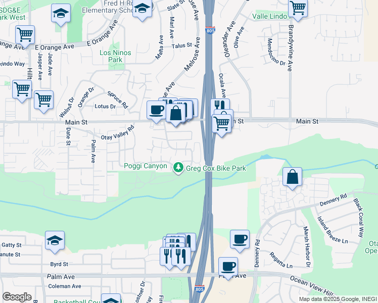 map of restaurants, bars, coffee shops, grocery stores, and more near 321 Rancho Drive in Chula Vista
